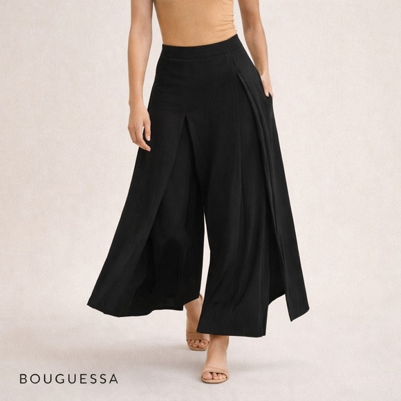 Bouguessa Pants - Bouguessa,Architectural Tri-Panel Palazzo  Architectural Overlay, Black,Size M